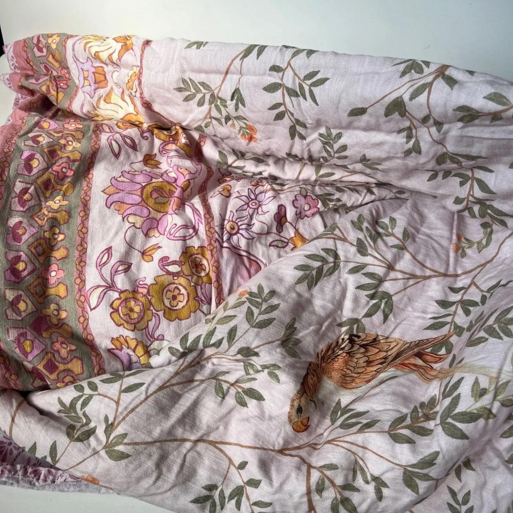 Anthropologie Priyanka Blossom Duvet Cover Queen Organic Cotton Pink Floral Bird